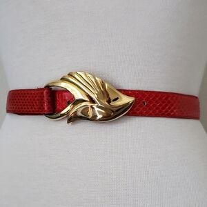 Vintage red leather gold hardware waist belt‎ western art deco boho snake Small